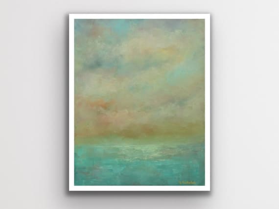 Abstract Fall Landscape Art Print: Green & Gold Sky, 11x14 Giclee