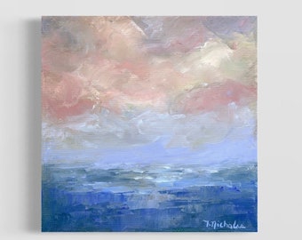 Calming Clouds Color Field Art, Dreamlike Misty Ocean Painting, Mini 6x6 Dusty Pink Impressionist Modern Sky Palette knife Wall Decor