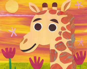 Baby Giraffe Art | Nursery Decor | Kids Room Artwork | Children's Room Decor | Cute Zoo Animals, Nature, Savannah, Sunset, Collage, Artwork