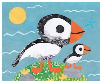Baby Puffin Art Print: Mama and Chick, Colorful Nursery Decor