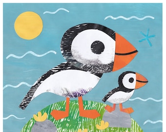 Baby Puffin and Mama | Nursery Decor | Kid's Wall Art | Birds | Baby's Room Artwork | Ocean, Animal, Bird, Children, Unique Colorful Collage