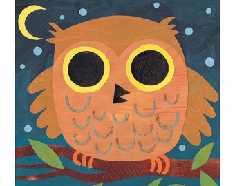 Cute Baby Owl Print, Nursery Decor with Moon, Kids Wall Art, Bird Art, Whimsical, Cut Paper Style, Children's Room Decor, Nature, Outdoor