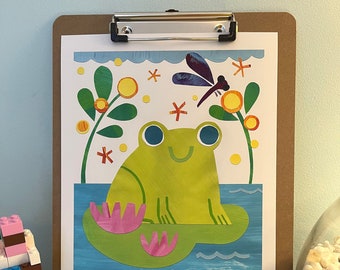 Cute Frog, Nursery Decor, Wall Art, Happy Animal, Children's Decor, Kids Room, Nature, Colorful Art, Baby's Room, Collage Style, Frameable