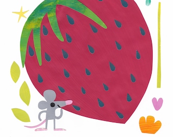 Baby Mouse Strawberry Art Print | Nursery Collage Illustration