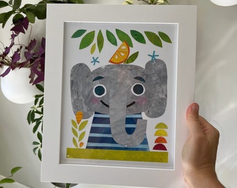Cute Baby Elephant Print, Colorful Nursery Decor, Kids Animal Wall Art, Modern Collage Style, Children's Room, Sweet Nature, Outdoor, Zoo