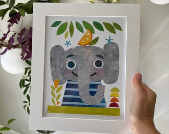 Baby Elephant Art Print: Modern Collage Style Nursery Decor