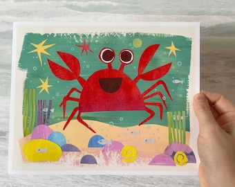 Nursery Decor | Wall Art | Silly Crab Underwater Art Print, Ocean Decor for Kids Room, Children's Room Decor, Cute Art, Under the Sea, Fish