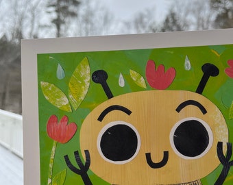 Nursery Decor | Wall Art | Bee Art Print, Cute Decor for Kid's, Children's Room, Baby bee, Unique Collage Style, Nature, Honeybee, Flower