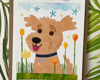 Puppy Dog Art | Wall Decor | Cute Golden Doodle Dog Art Print, Children's Room Decor, Puppy, Spring, Colorful, Collage, Playful Pup, Doggie