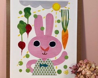Nursery Decor | Wall Art | Pink Bunny, Children's Room Decor, Cute Art Print, Whimsical Unique Collage Style, Spring Art, Garden, Veggies