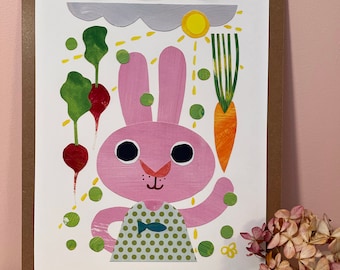 Pink Bunny Art Print: Whimsical Collage for Nursery Decor