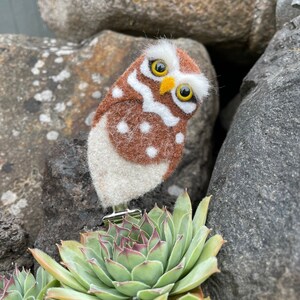 May include: A brown and white felt owl with yellow eyes, perched on a green succulent plant. The owl is attached to a silver clip.