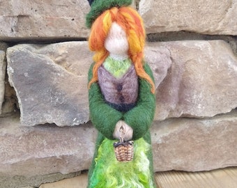 WALDORF Felted Lady Leprechaun wool felt shamrock St. Patrick's Day doll SIGNED by Waldorf fiber artist Kelly Sundstrom