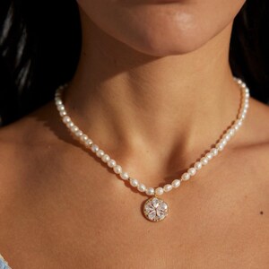 Natural Freshwater Pearl & Zircon Necklace, Vintage Gold Pearl Necklace, Disc Zircon Necklace, Birthday Gift, Gift For Her