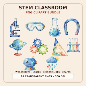 Pakiet clipartów STEM Classroom, akwarelowe obrazy PNG dla nauczycieli przedmiotów ścisłych, grafiki edukacyjne (do pobrania w wersji cyfrowej)