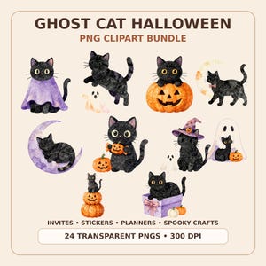 Ghost Cat Halloween Clipart, Watercolor Black Cats, Friendly Ghosts, Spooky PNGs (Digital Download)