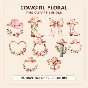 Cowgirl Clipart Bundle, Watercolor Floral Western PNG Graphics (Digital Download)
