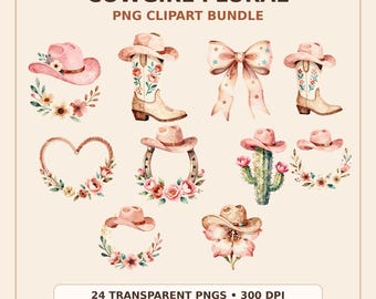 Cowgirl bloemen clipartbundel, westerse roze png's, aquarel cowgirl sublimatieafbeeldingen, cowboylaarshoed digitale download