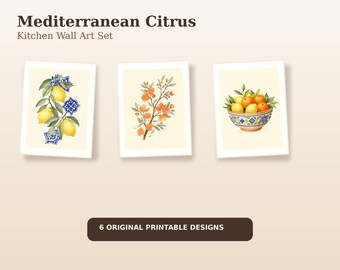 Mediterrane citrus keuken muurkunst set, citroen en sinaasappel afdrukbare posters, zomer digitale download
