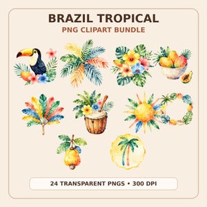 Brazil Clipart Bundle, Tropical PNG Toucan & Palm Graphics, Carnival Summer Digital Download
