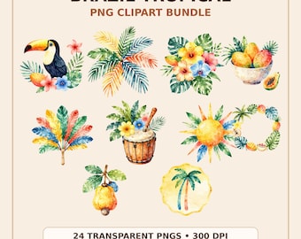 Tropische clipartbundel Brazilië, Toucan Palm PNG's, carnaval zomer graphics, digitale download