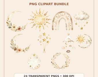 Boho kinderkamer hemelse clipartbundel, Moon Stars PNG's, neutrale babyshower-graphics, sublimatie digitale download