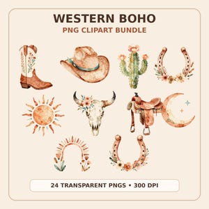 Western Boho Clipart Bundle, Watercolor Cowgirl PNGs, Desert Floral Graphics (Digital Download)
