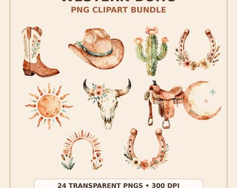 Western boho clipartbundel, aquarel cowgirl png's, woestijn bloemen sublimatie graphics, cowboylaarscactus digitale download