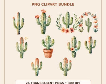 Woestijncactus clipartbundel, aquarel boho bloemen png's, Southwest cactus graphics, sublimatie digitale download