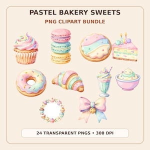 Bakery Clipart, Pastel Sweets & Cupcake PNG, Watercolor Cookie Dessert Graphics (Digital Download)