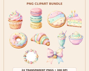 Pastel bakkerij snoep clipartbundel, cupcake cookie png's, schattige dessertgraphics, sublimatie digitale download