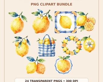 Clipartbundel mediterrane citrus, citroen-oranje png's, blauwe tegel zomerkeuken-graphics, digitale download