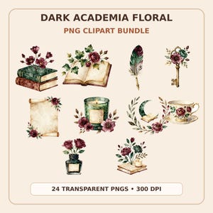 Dark Academia Floral Clipart Bundle, Bookish PNGs, Moody Stationery Graphics, Sublimation Digital Download