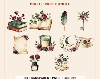 Dark Academia bloemen clipartbundel, leesgrage png's, humeurige briefpapierafbeeldingen, sublimatie digitale download