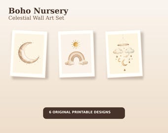 Boho kinderkamer hemelse muurkunst set, maansterren afdrukbare posters, neutrale babykamer digitale download