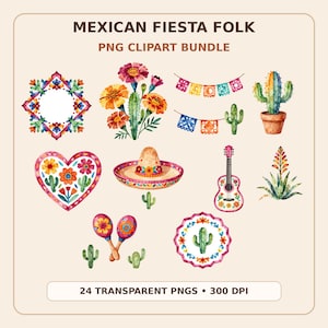 Mexican Clipart Bundle, Fiesta PNG Folk Art, Talavera Floral Party Graphics, Digital Download