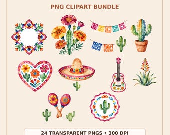 Mexicaanse Fiesta-clipartbundel, volkskunst-png's, talavera Floral Party-graphics, digitale download