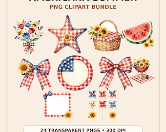 Americana zomer clipartbundel, USA picknick png's, patriottische bloemenafbeeldingen, digitale download