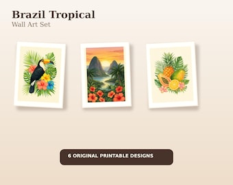 Tropische muurkunstset Brazilië, afdrukbare toekanpalmposters, kleurrijke botanische digitale download