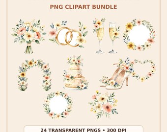 Zomer bruiloft clipartbundel, aquarel bloemen png's, graphics vrijgezellenfeest, digitale download