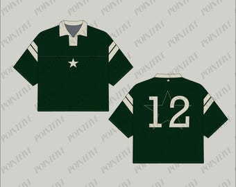 May include: A green polo shirt with a white star and the number 12 on the back. The shirt has white stripes on the sleeves.
