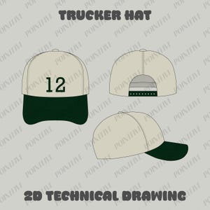 May include: A beige trucker hat with a green mesh back and a black bill. The front of the hat has a green number "12" embroidered on it.