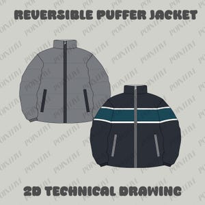 May include: A reversible puffer jacket with a gray side and a black side with white and teal stripes. The jacket has a zipper closure and two pockets on each side.