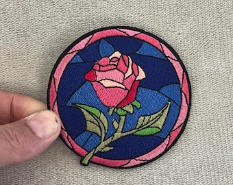 Enchanted Rose Glass Patch | 3x3 Inch Circular Iron-On | Vivid Stained Glass