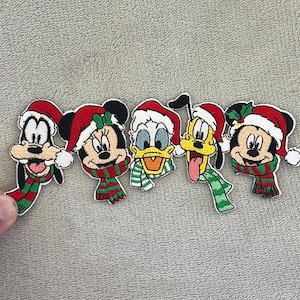 Original Disney Gang Holiday Faces Patch | 6x2.5 Inch Embroidered Iron-On | Mickey, Minnie, Donald, Goofy & Pluto in Christmas Apparel