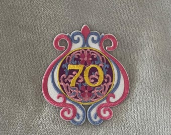 Disneyland 70th Anniversary Patch | 3 x 2.5 Inch Embroidered Iron-On | Pink, Purple & Gold Design
