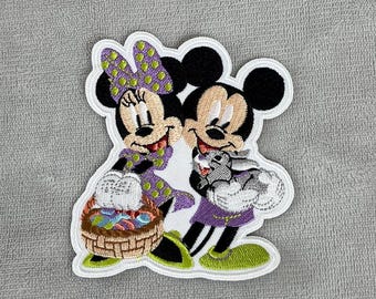 Mickey und Minnie Ostern Aufnäher | 4x3,5 Zoll bestickt Aufbügler | Frühling Korb mit Hase & Ei
