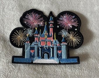Sleeping Beauty Castle Patch | Pink & Blue Castle with Fireworks | Disneyland Castle Embroidered Patch