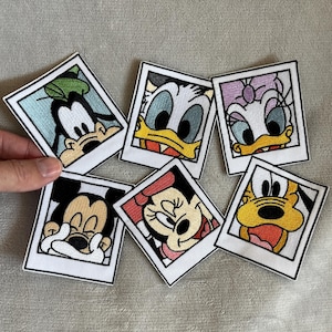 Disney Gang Polaroid Patch | 8.5 x 7 Inch Embroidered Iron-On | Mickey, Minnie, Donald, Goofy & Pluto