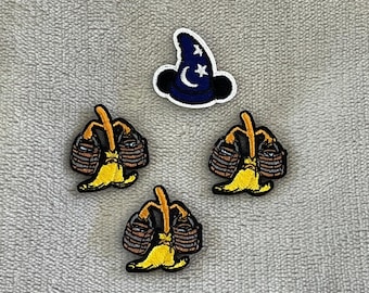 Sorcerer’s Apprentice Mini Patches | 1x1 Inch Embroidered Iron-On | Disney Fantasia Mickey Hat & Enchanted Brooms